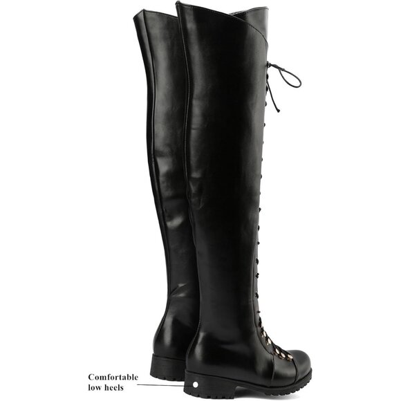 Women's Black Faux Leather Over The Knee Square Toe Thigh High Combat Boots - Picture 5 of 7